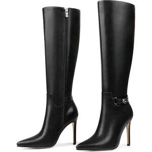 Women's  Black Matte Stiletto Slouch Knee High Dress Boots Pointed Toe Buckle
